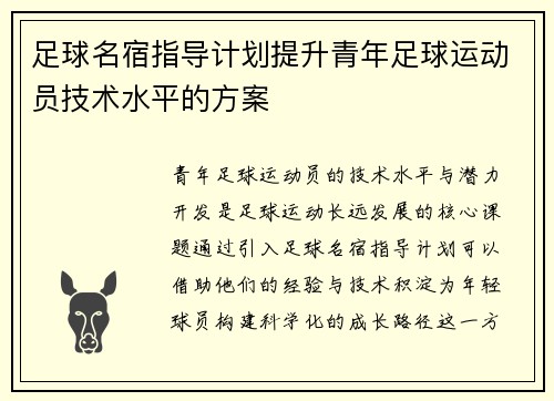 足球名宿指导计划提升青年足球运动员技术水平的方案